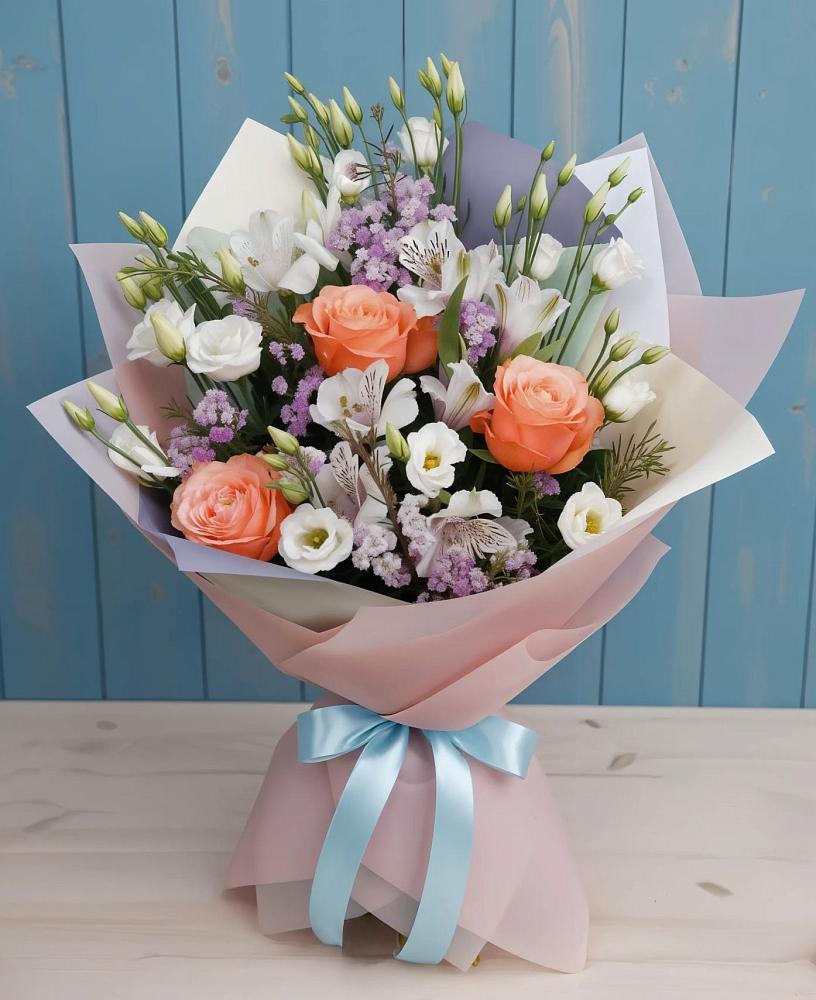 Букет цветов из: Лизиантусы, Розы, Альстромерии и Гипсофила в Больших Ключах