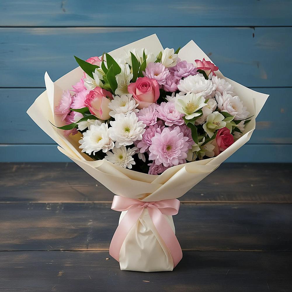 Букет цветов из: Хризантемы, Альстромерии и Розы в Больших Ключах